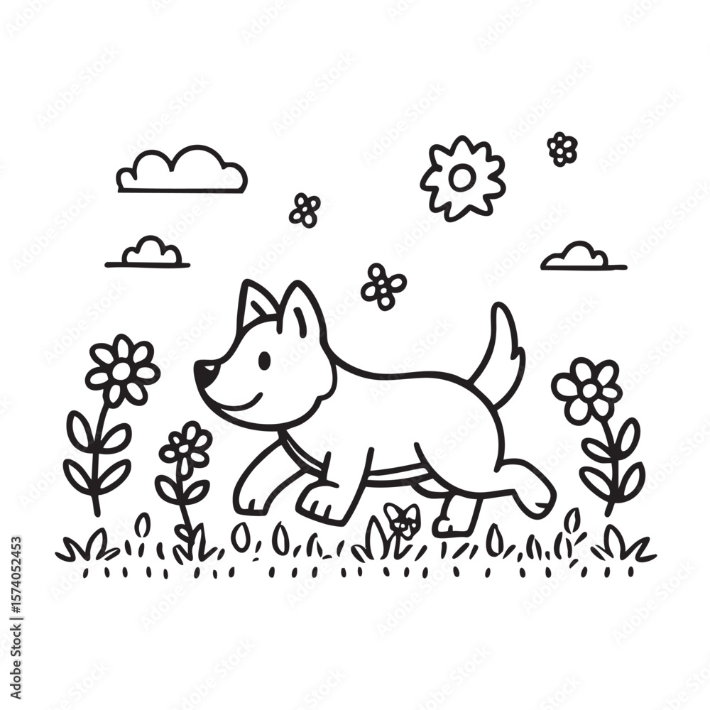 Fototapeta premium Happy dog running in a garden filled with flowers and clouds