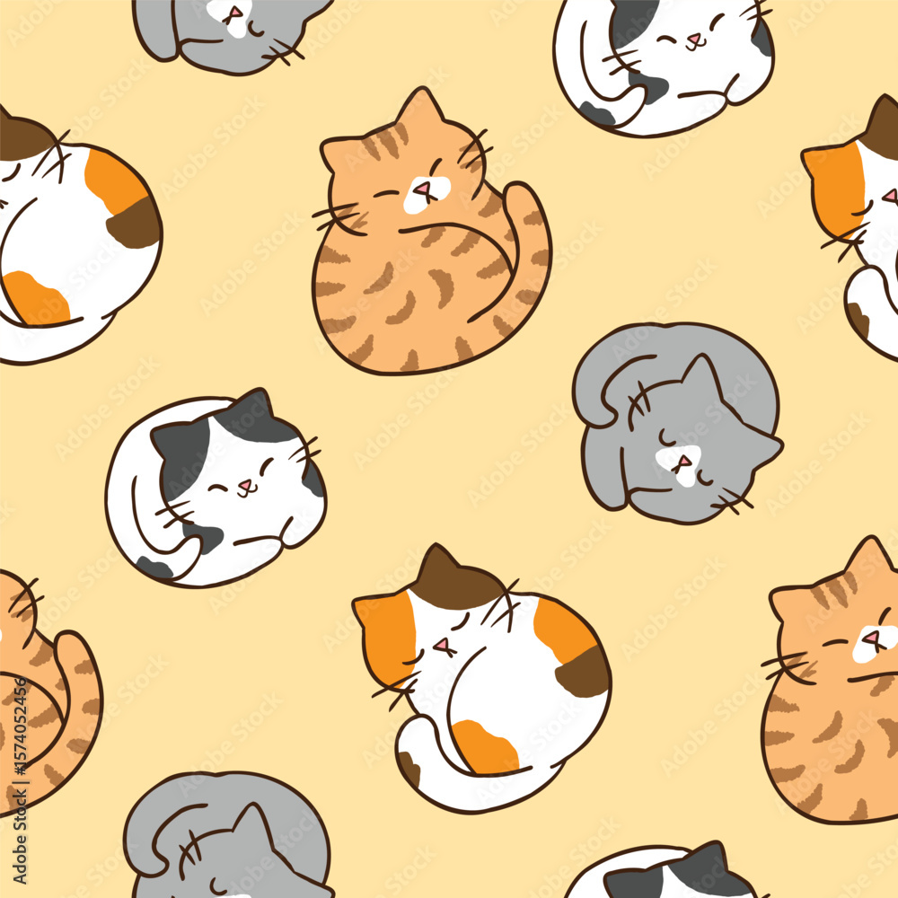 Obraz premium Seamless Pattern with Cartoon Cat Design on Yellow Background. Hand Drawn Vector Illustration.