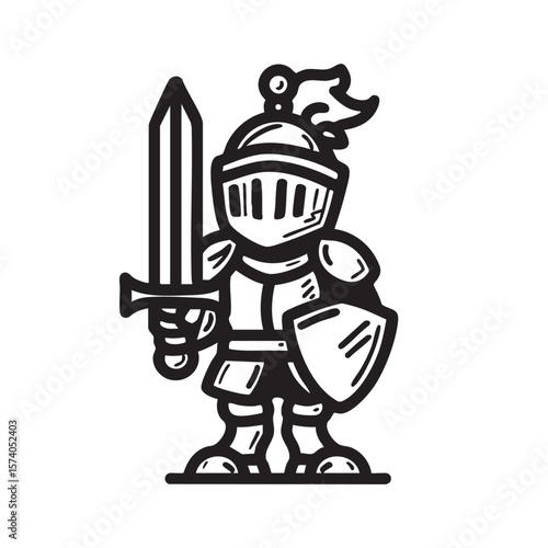 Medieval knight with sword and shield in a standing pose for designs