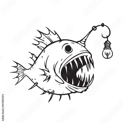 Anglerfish with glowing lure in black and white artistic design