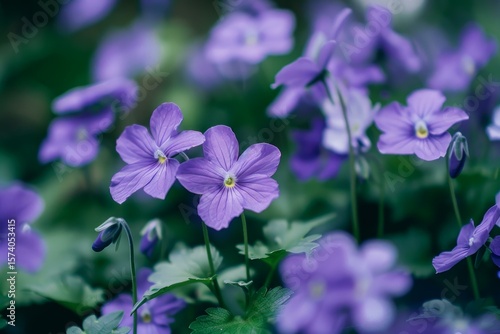 Delicate purple violets blooming in a lush spring garden, creating a vibrant and colorful natural display