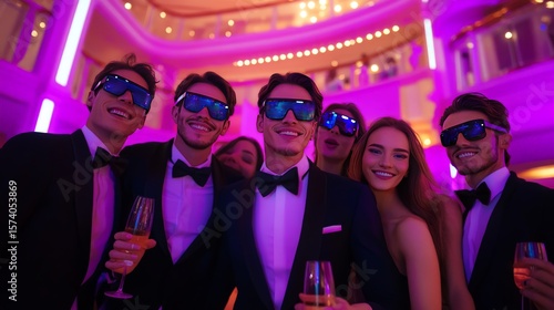 Elegant Party Scene with Guests in Tuxedos and Glasses