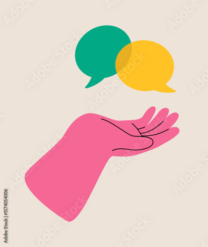 Conversation concept. Speech or text bubbles on human hand. Colorful vector illustration