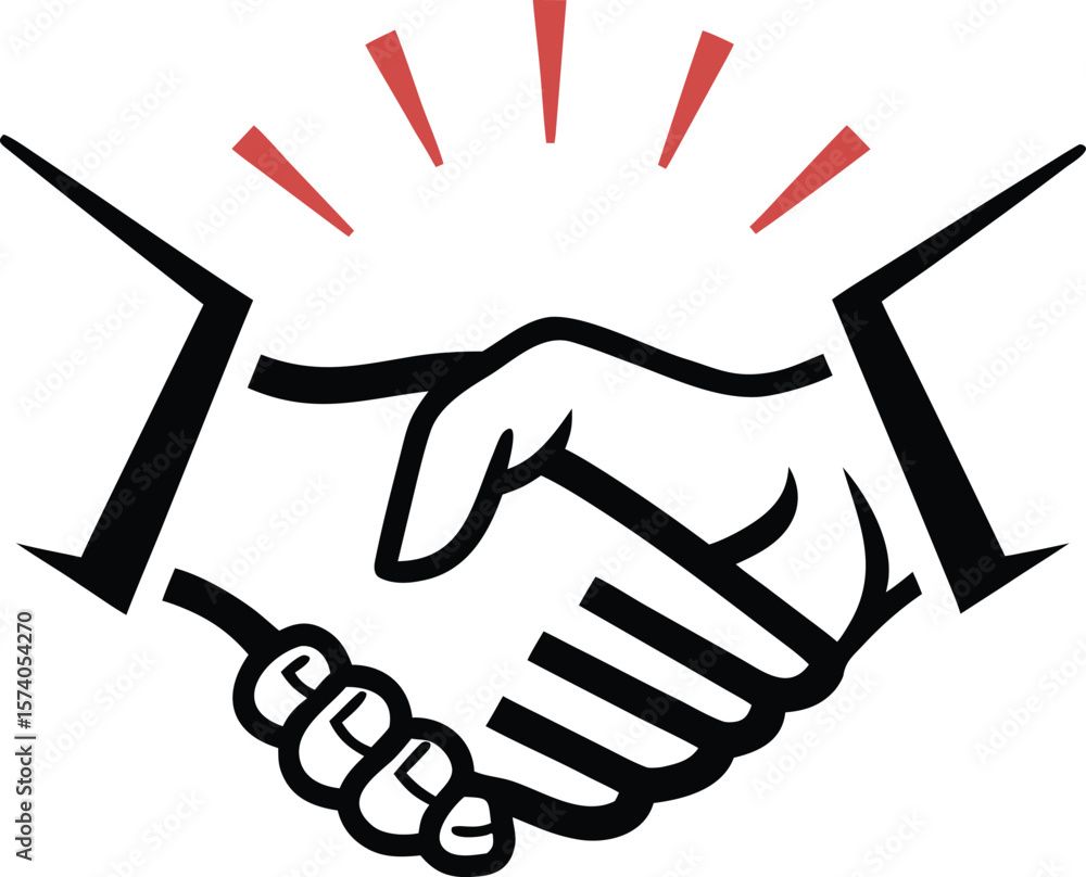 Obraz premium Stylized handshake icon with radiating lines symbolizing agreement and success