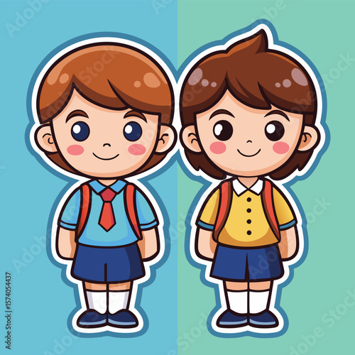 Two cartoon children in school uniforms, one in a light-blue uniform, the other in a yellow uniform, both wearing backpacks
