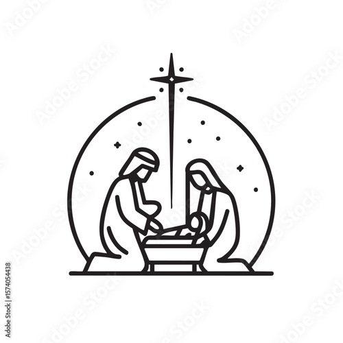 Nativity scene with Mary, Joseph, and baby Jesus under the star