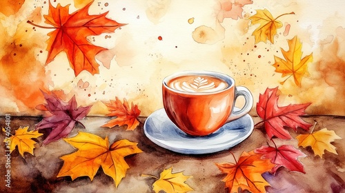 Watercolor painting warm autumn drink and colorful fall leaves on wooden table