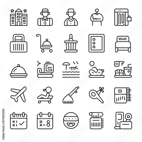 Thirty Black Line Art Hotel Amenities Service Activities Icons Set Including Hotel Building Staff Members Service Bell Swimming Pool Breakfast Bed Choices Airplane