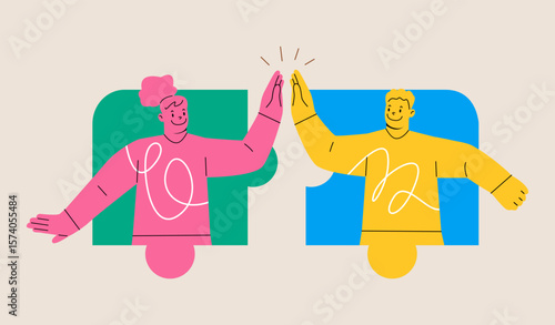 Unity. Man and woman working together to put together a jigsaw puzzle. Colorful vector illustration