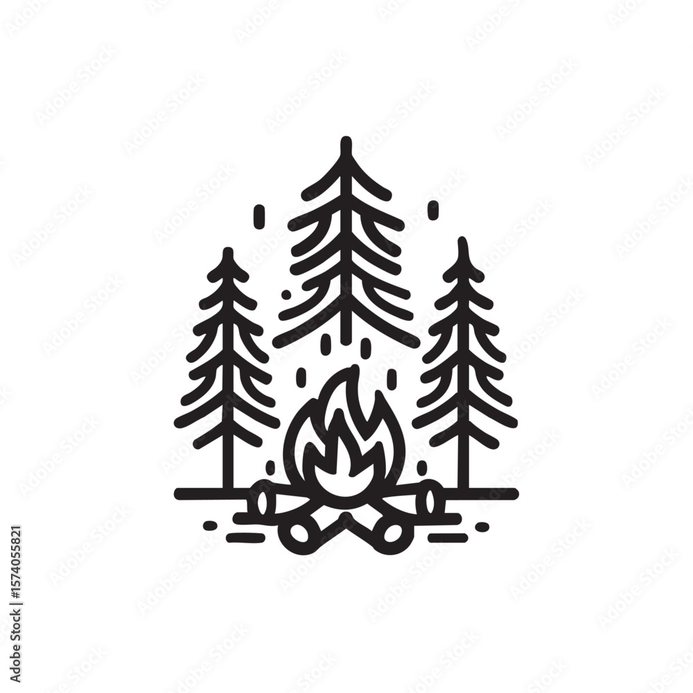 Obraz premium Cozy campfire surrounded by tall pine trees in a forest setting
