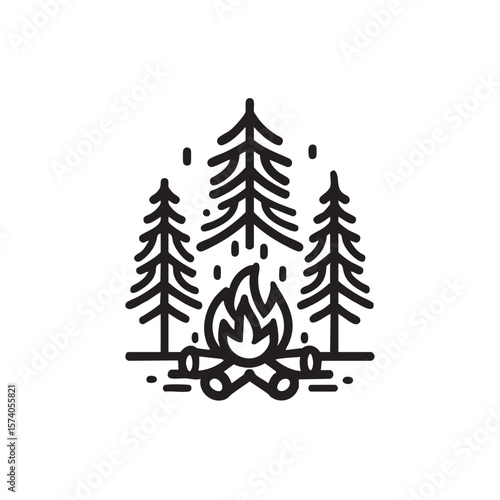 Cozy campfire surrounded by tall pine trees in a forest setting