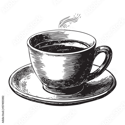 Coffee cup with steaming beverage on saucer during morning ritual