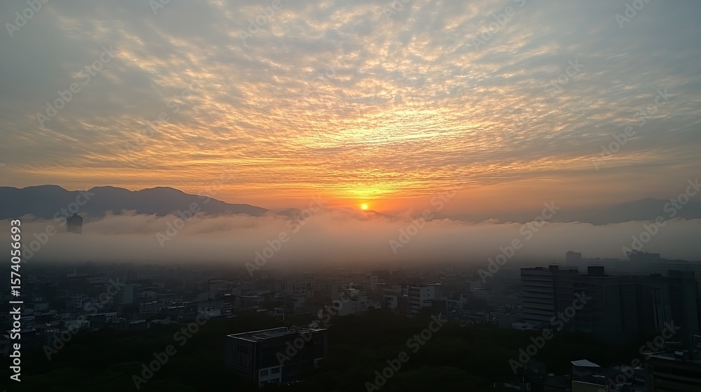 Fototapeta premium A breathtaking sunrise paints the sky with vibrant orange and gold hues, as a sea of fog blankets the cityscape nestled between distant mountains