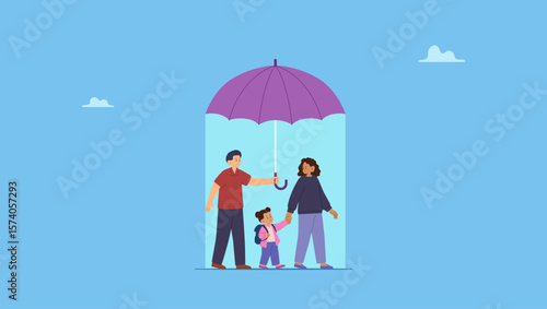 A husband with umbrella covering protection wife and daughter. Life insurance, family protection to assure members will be financially supported and risk cover concept, lovely family with husband.