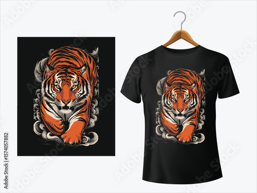 Fierce tiger walking with swirling smoke orange black