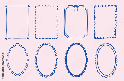 Hand-Drawn Wavy Squiggle Borders and Frames set in oval and rectangle shape. Whimsical quirky Minimal line template perfect for vintage theme wedding invitation, birthday, menu card design.