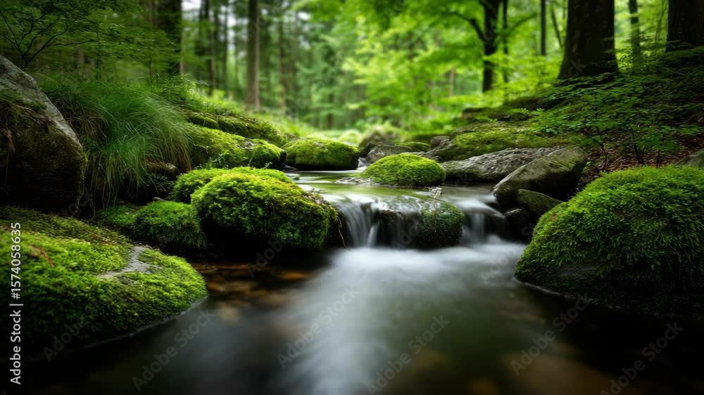 Serene forest stream flows gently over moss covered rocks, surrounded by lush greenery and tall trees, creating peaceful nature Serene forest stream flows gently over moss covered rocks, surrounded by lush greenery and tall trees, creating peaceful nature