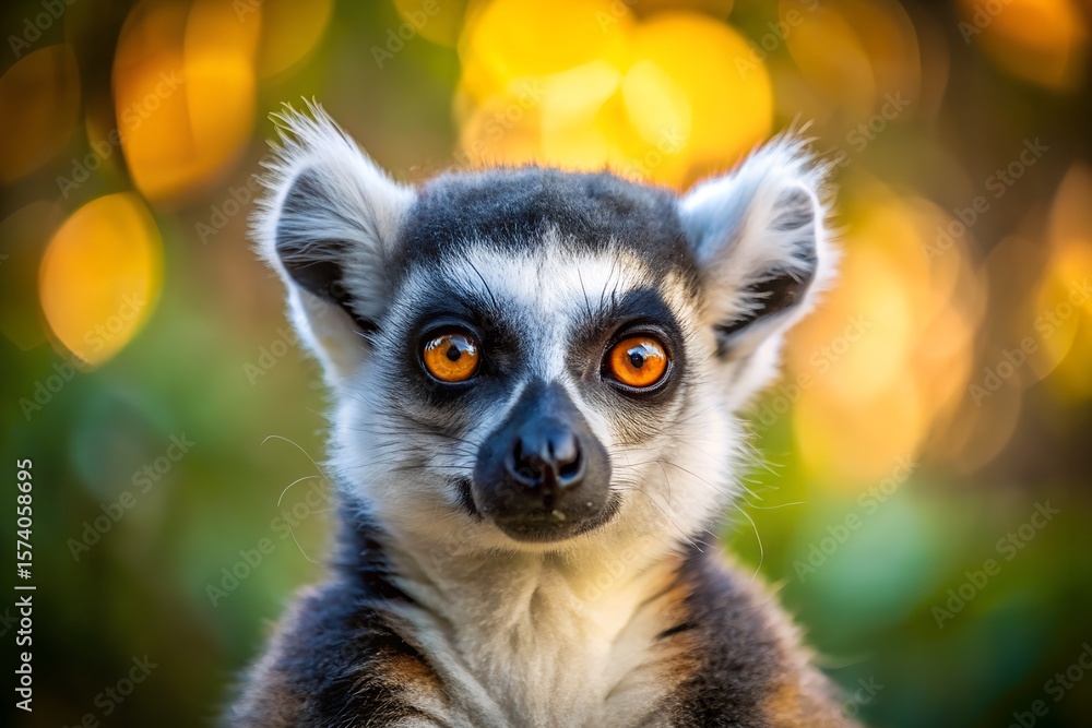 Obraz premium Ring Tailed Lemur Portrait with Striking Orange Eyes and Bokeh Background