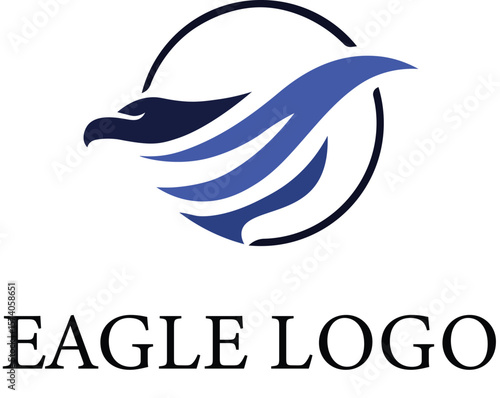 Minimalistic eagle logo design featuring a stylized blue bird in flight, seamlessly integrated into a circular motif. The elegant curves of the wings and gradient shades convey a sense of motion, stre
