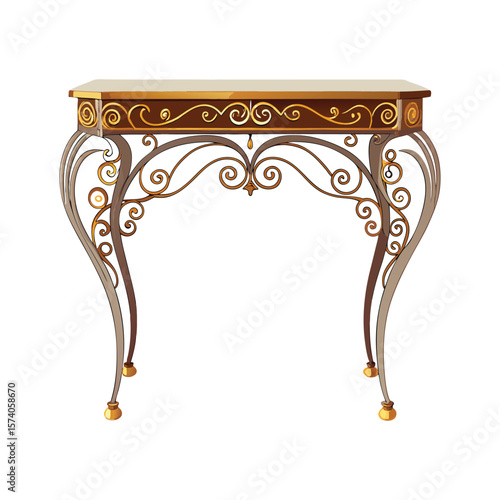 Elegant antique furniture, featuring a carved wooden table, chair, and ornate gold-framed mirror, decorates a vintage interior