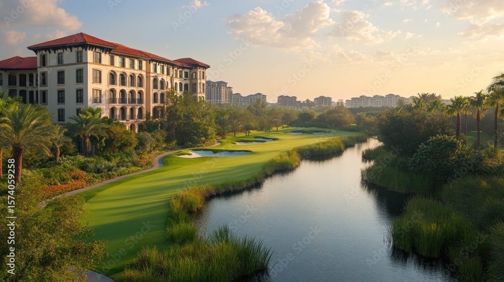 Fototapeta premium Spectacular Golf Course and Luxurious Resort at Sunrise on a Beautiful Day