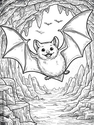 Playful Bat Flying in Mysterious Cave with Stalactites and Stalagmites