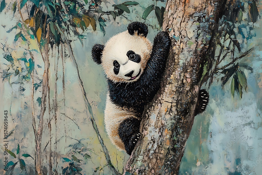 Obraz premium panda cub with tree log