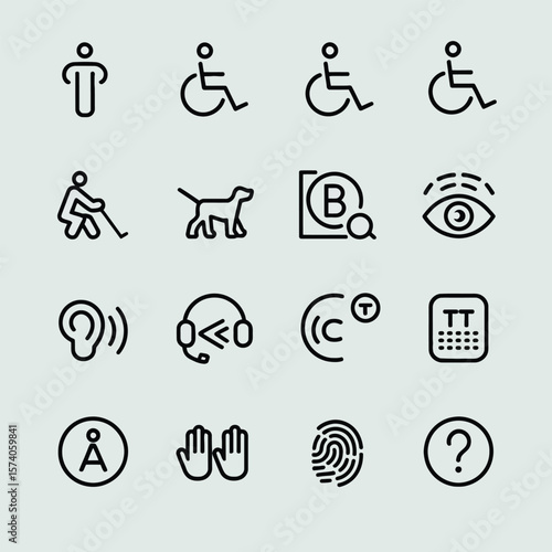 Twelve Black Line Icons on Light Gray Background Depicting Accessibility Symbols for Wheelchair Users Visually Impaired Individuals Hearing Impaired People and More Including