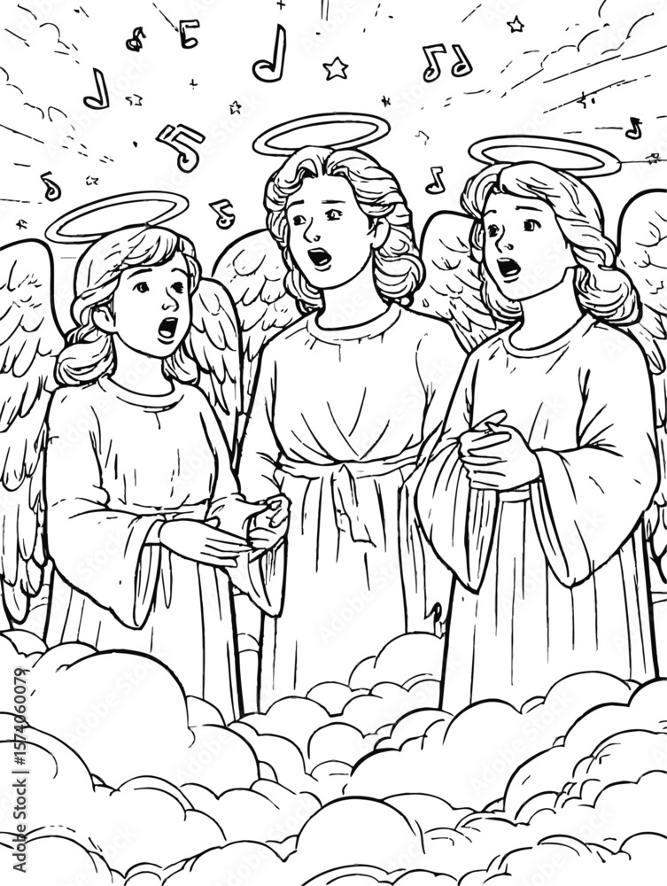 Obraz premium Three Singing Angels in Musical Harmony in a Cloudy Sky Scene