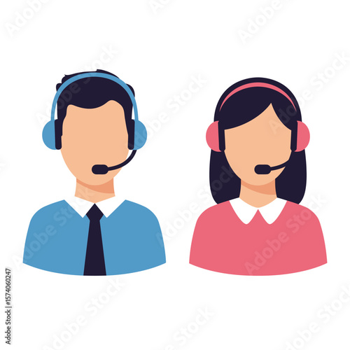 Illustration of two customer service representatives, one male and one female, wearing headsets.