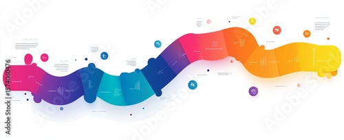 Colorful, wavy infographic showcasing a process or timeline, segmented into various stages with icons and text