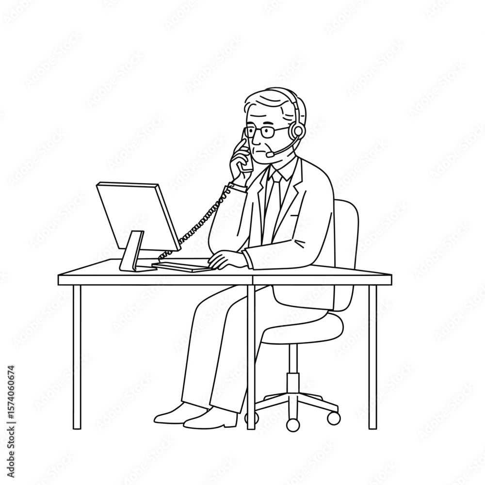 A grayscale illustration of a man in a business suit, seated at a desk, using a computer and headset for a phone call. A grayscale illustration of a man in a business suit, seated at a desk, using a computer and headset for a phone call.