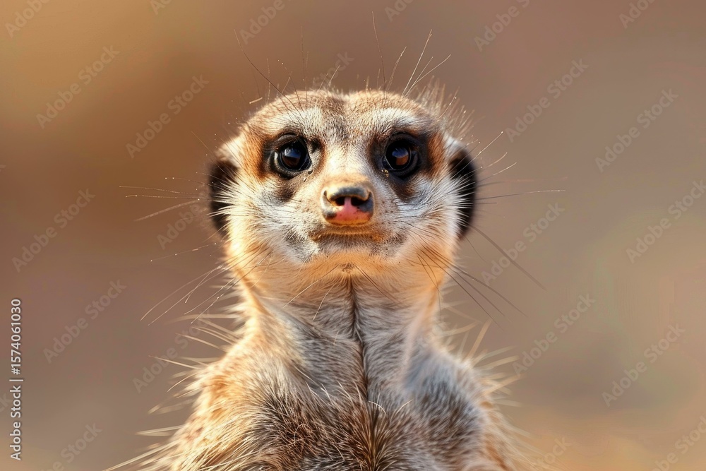Fototapeta premium Close up portrait of a meerkat staring with curiosity in the warm sunlight of the kalahari desert