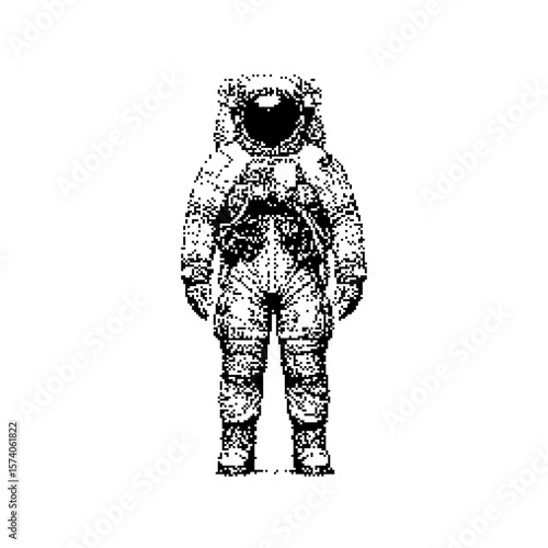 Black and white illustration of an astronaut in a vintage style