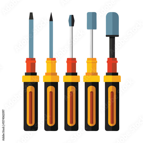 Isolated set of metallic screwdrivers with various bits on a white background, ready for repair work