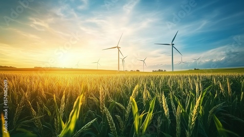 Golden sunset illuminates a field of wheat with several wind turbines in the background, showcasing clean energy and agricultural harmony