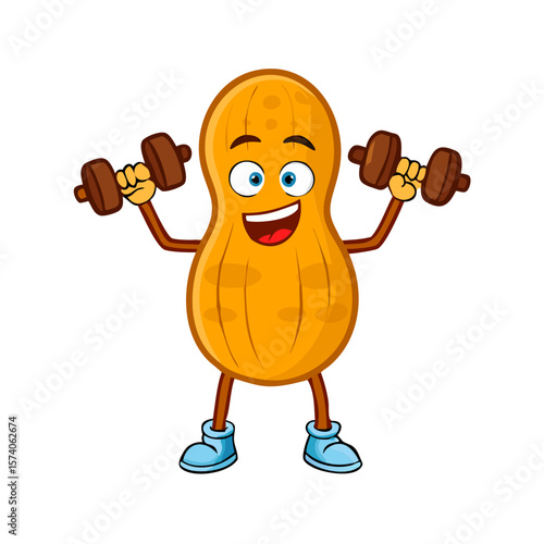 Cartoon smiling peanut character training with dumbles 