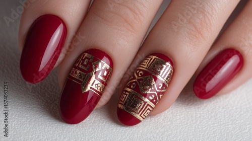 Deep red nails with a single gold geometric design, bold and luxurious on a white backdrop