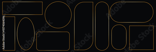 Set of thin linear gold frames. Elegant with sparkle and radiance, geometric on a black background, boho art deco style. For the design of a textbox, application, website, printing . EPS 10 . 
