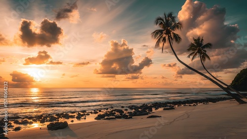 Tropical palms golden sunset ocean reflection trees silhouettes