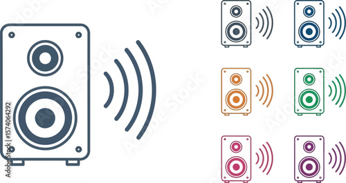 Illustration of speakers emitting sound waves in various colors on white background