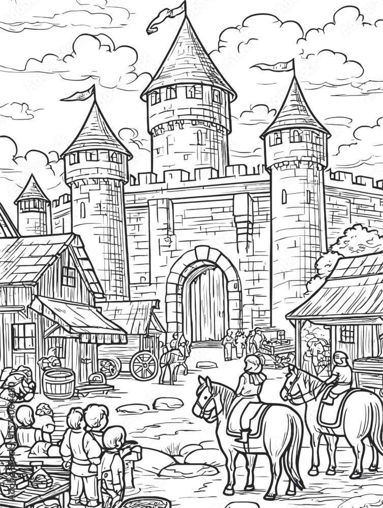 Obraz premium Black and White Line Art of Medieval Castle with Horses and Villagers