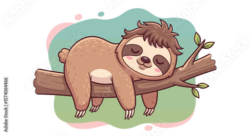 Cute Cartoon Sloth Sleeping Peacefully on Tree Branch