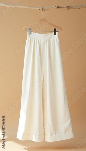 A high-waisted linen palazzo pant paired with a tucked-in crop top displayed on a hanger against a soft beige background, ideal for summer fashion catalog.

