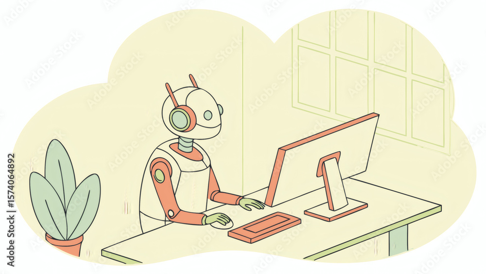 Fototapeta premium A robot wearing headphones is working on a computer at a desk in a minimalistic room with a plant and large windows.