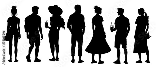 Silhouettes of different People Standing and walking Rear View. Male and Female, couple Characters Back View vector monochrome illustrations, icons Isolated