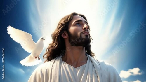 Heaven was opened and the spirit of God descending like a dove and alighting on Jesus as soon as he was baptized in Jordan river. Bible scene concept.