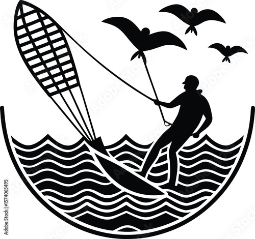 A solitary fisherman's silhouette glides across the water in his boat, enjoying the summer sport of fishing, person, fish, summer fun, outdoor activity, water craft