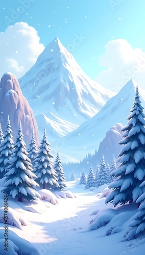 Snowy mountain cartoon landscape with icy peaks, pine forests, and soft falling snow. Seamless side-scroll loop with parallax effect for winter-themed games or animations.

