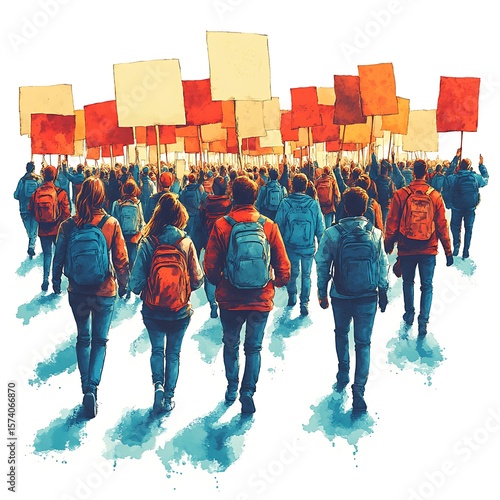 A large group of protesters marching with blank signs in a watercolour photo